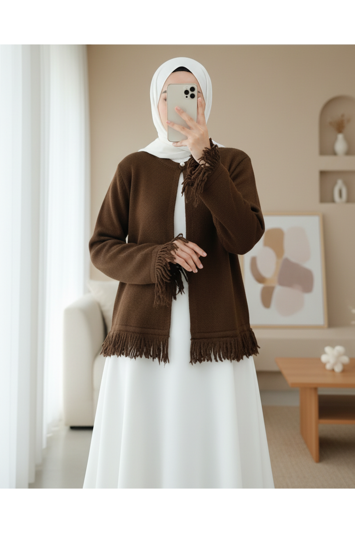 Single Button Fringed Soft Knit Cardigan -Brown