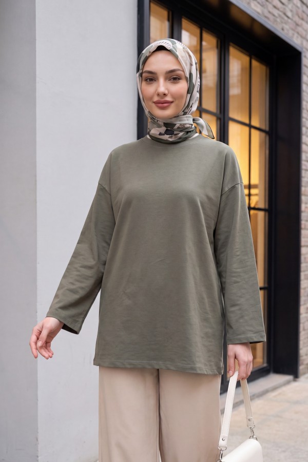 Yuvarlak Yaka Salaş Penye Tunik  -Haki