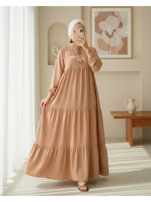 1627 Yaka Bağcıklı Tesettür Elbise - D.Vizon