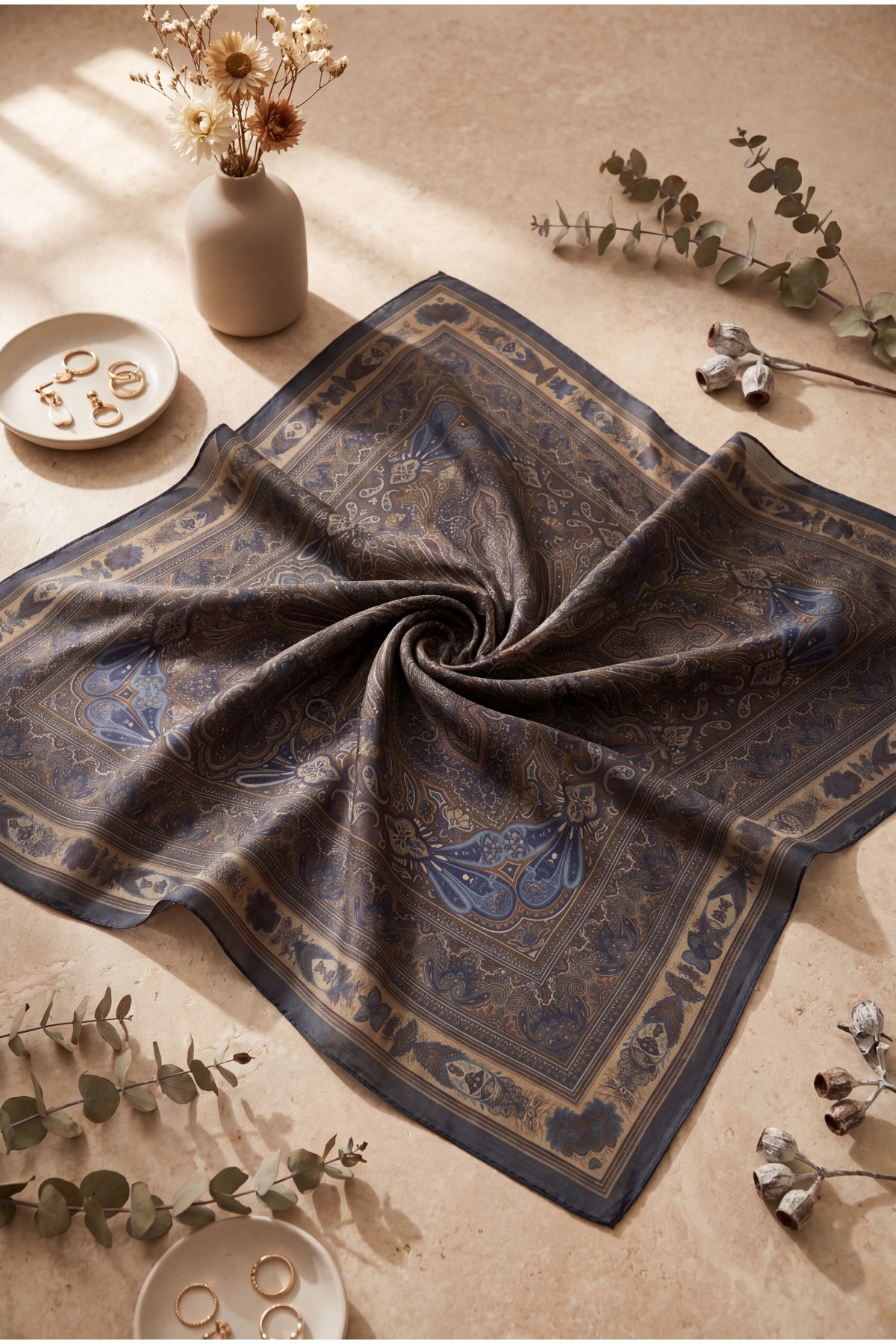 وشاح قطني بنقوش عرقية مؤطرة -ورنيش غامق
