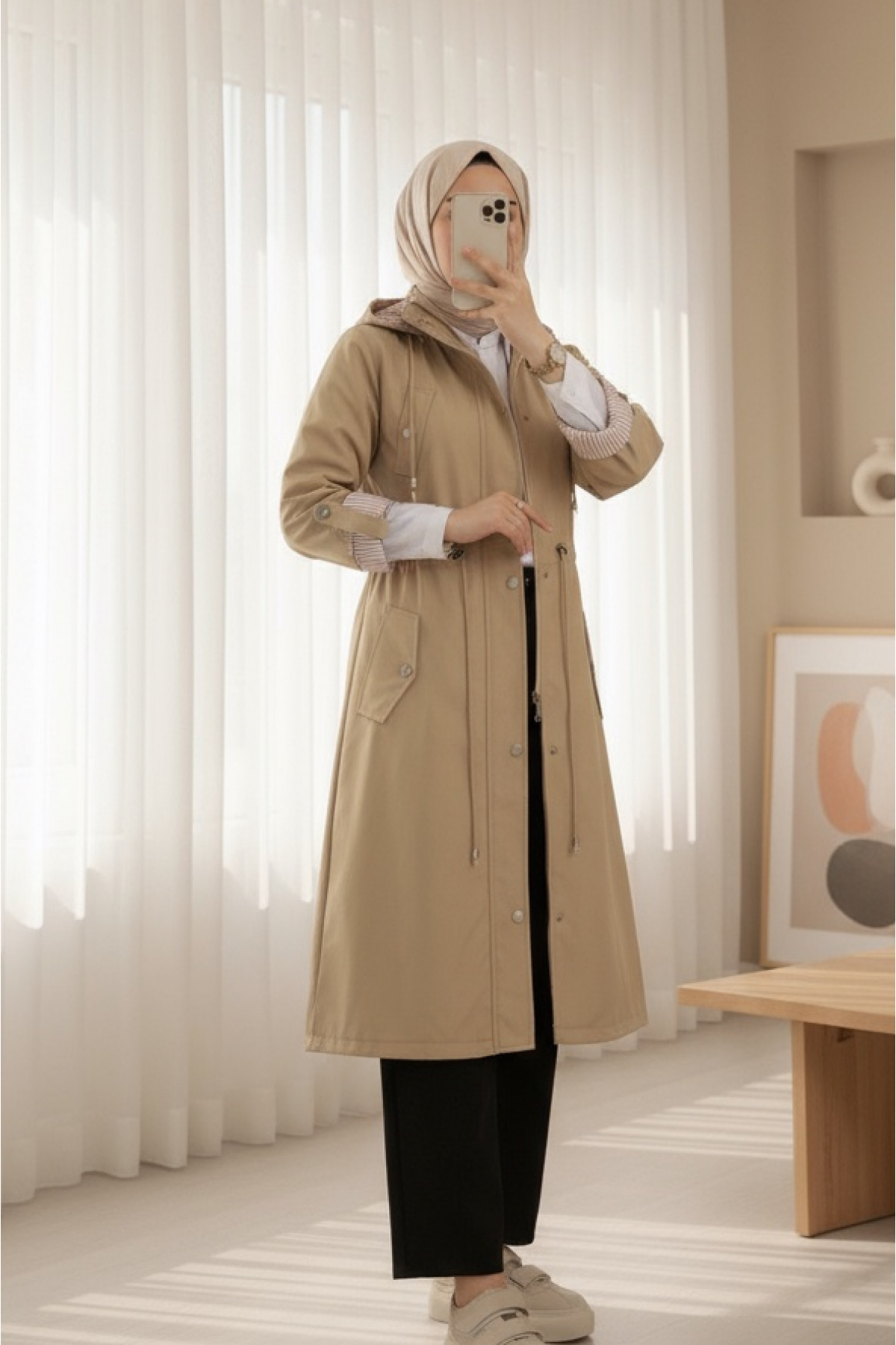 Striped Trench Coat      -Light Mink