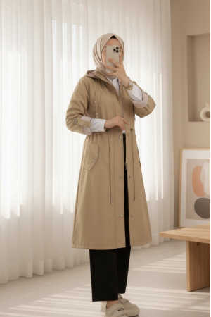 Astarı Çizgili Trençkot       -Açık Vizon