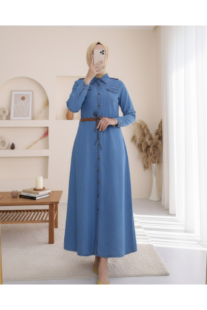 Boydan Düğmeli Kemerli Kot Elbise -Mavi