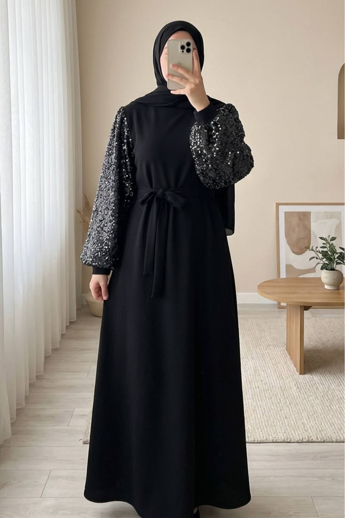 Imported Lycra Crepe Dress with Sequined Sleeves and Belt -Black