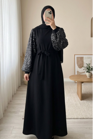 فستان من قماش الكريب الليكرا المستورد بأكمام وحزام مزينين بالترتر -أسود