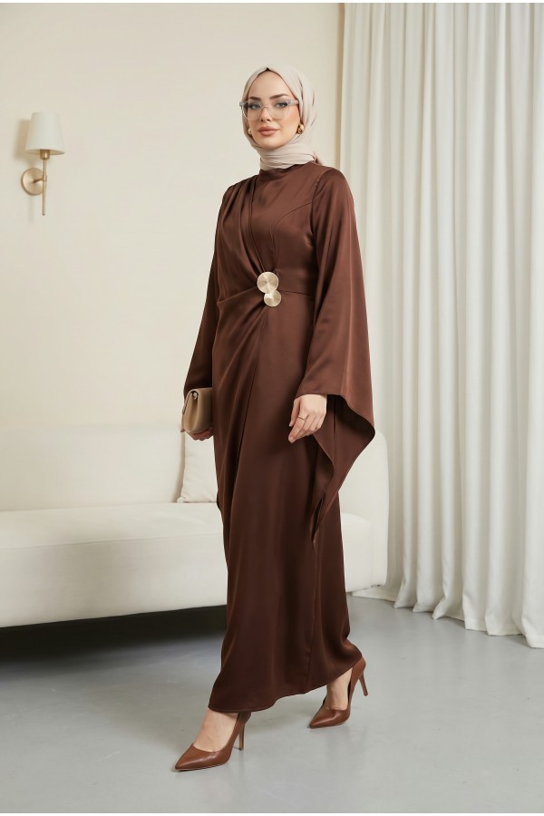 Buckle Detailed Double Front Asymmetrical Sleeve Satin Evening Dress -Brown