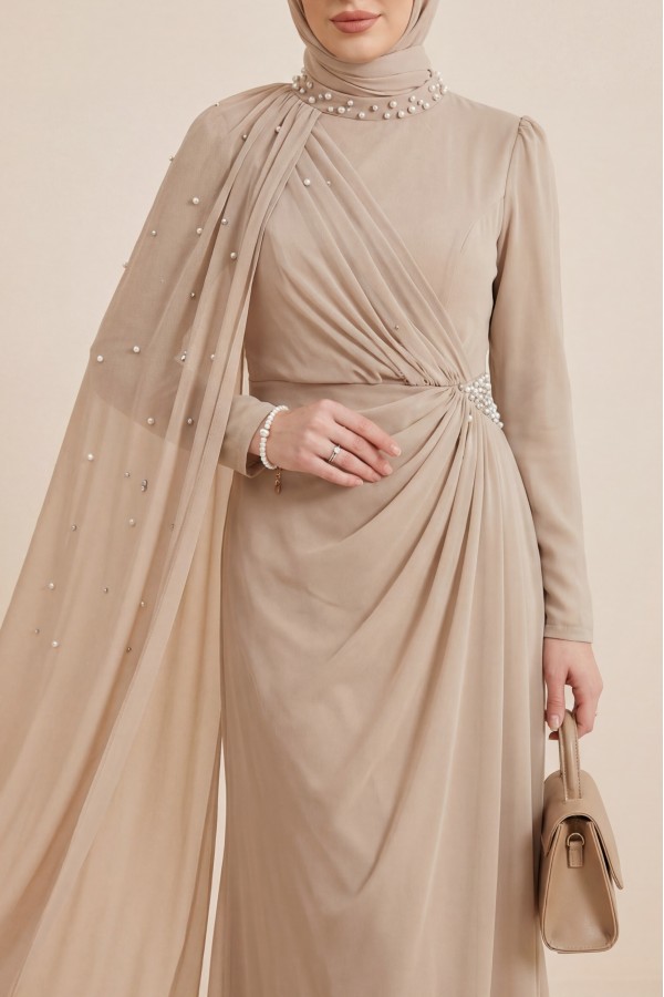 High-neck evening gown with pearl detail and tulle cape. -Light Mink