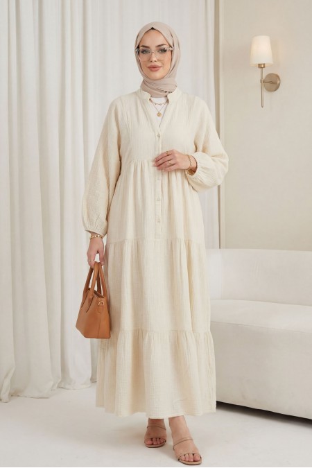 V Yaka Yarım Düğmeli Kolu Lastikli Parçalı Müslin Elbise -Taş
