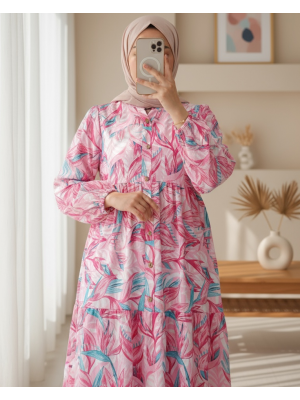 Floral Patterned Half Buttoned Dress with Elastic Sleeves -Damson