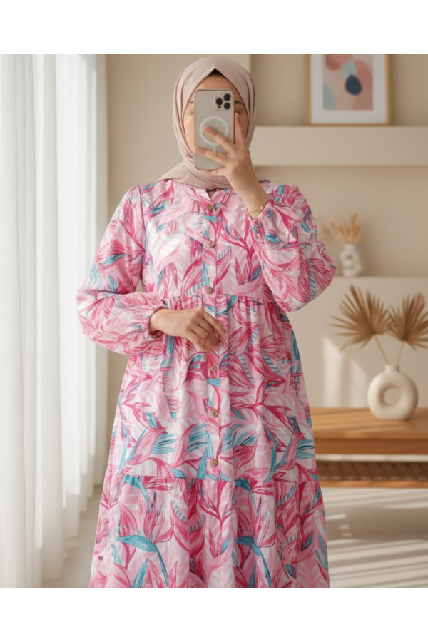 Floral Patterned Half Buttoned Dress with Elastic Sleeves -Damson