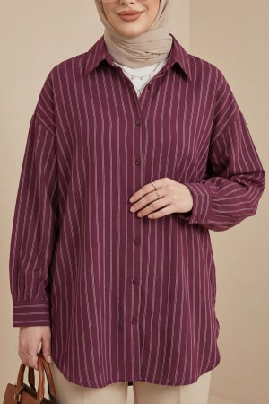 Çizgili Yırtmaçlı Salaş Linda Gömlek -Bordo