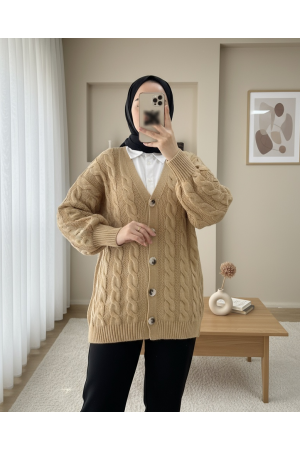 Saç Örgülü Düğmeli Triko Hırka -Vizon