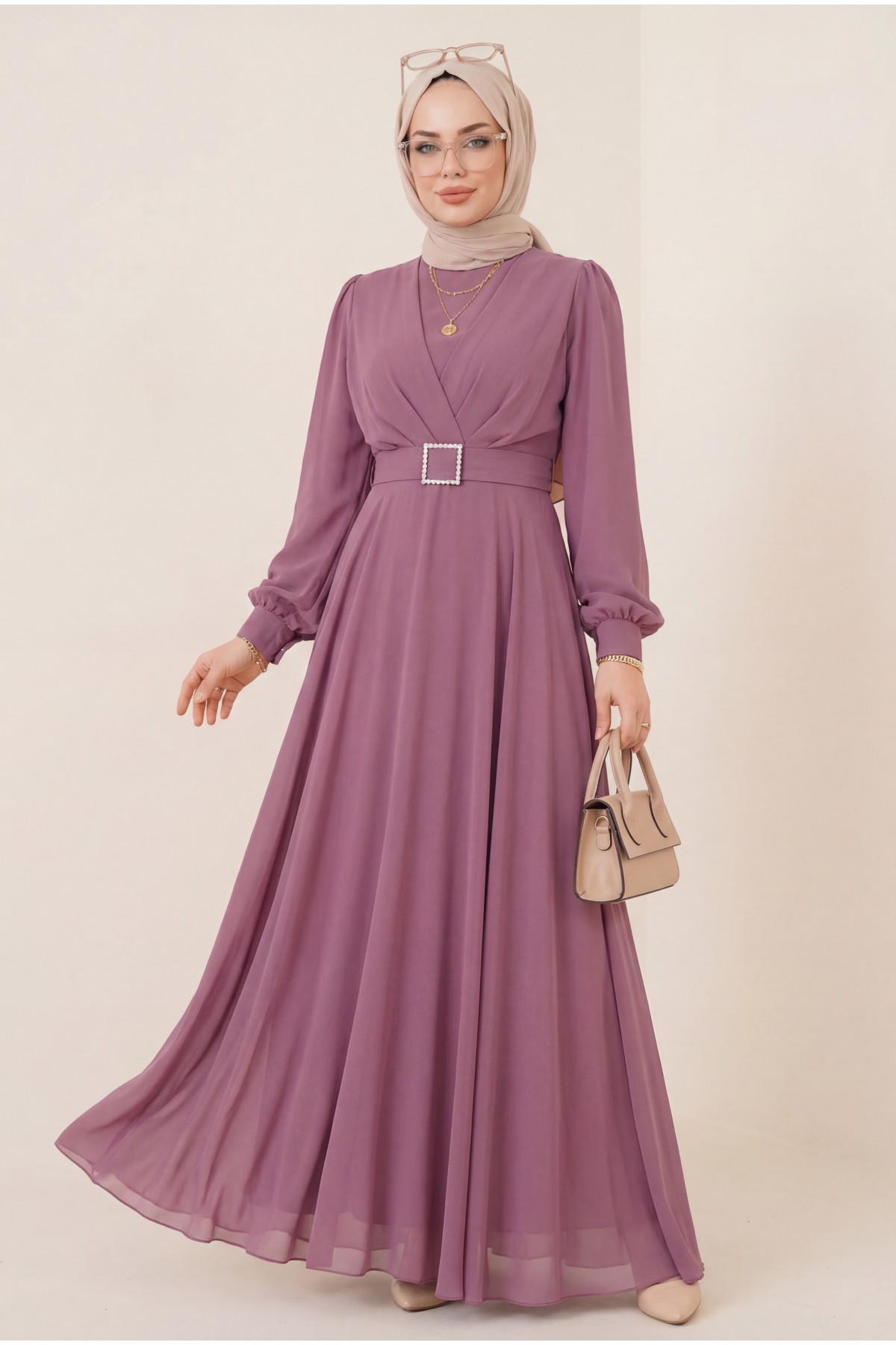 Belted Stone Front Pleated Hijab Dress  -Dried rose