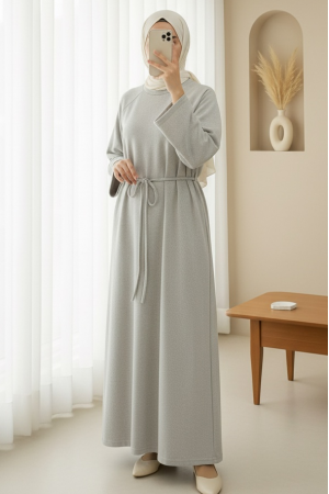 Beli Bağlamalı Yuvarlak Yaka Selanik Elbise -Bej