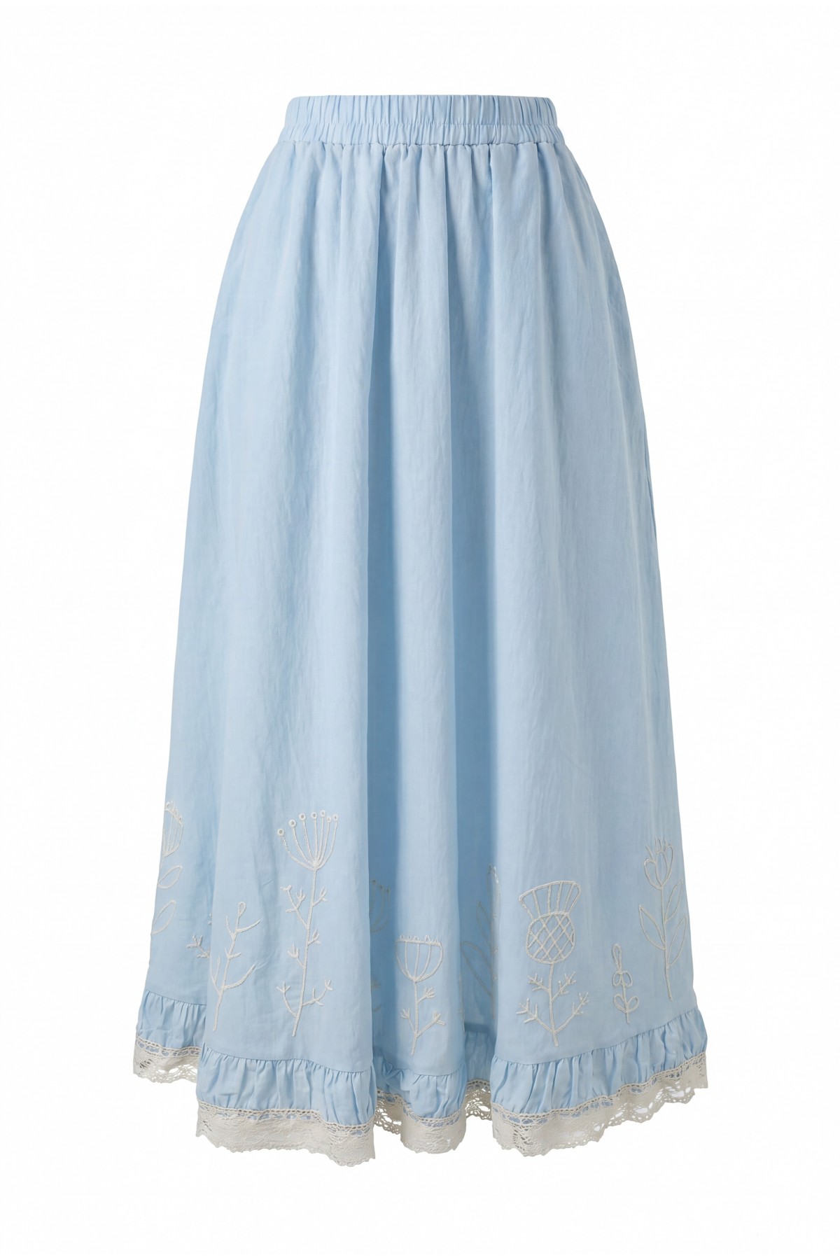 Lace Embroidered Elastic Waist Skirt   -Blue