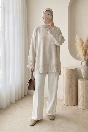 Etek Ucu ve Kol Manşeti Fitilli Yuvarlak Yaka Yırtmaçlı Triko Tunik -Taş