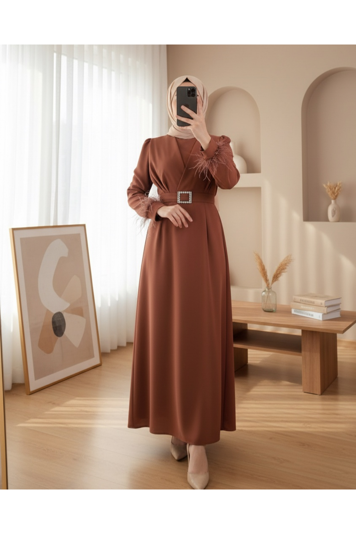 Buckled Belt Sleeve Feather Detailed Front Double Layer Dress  -Snuff
