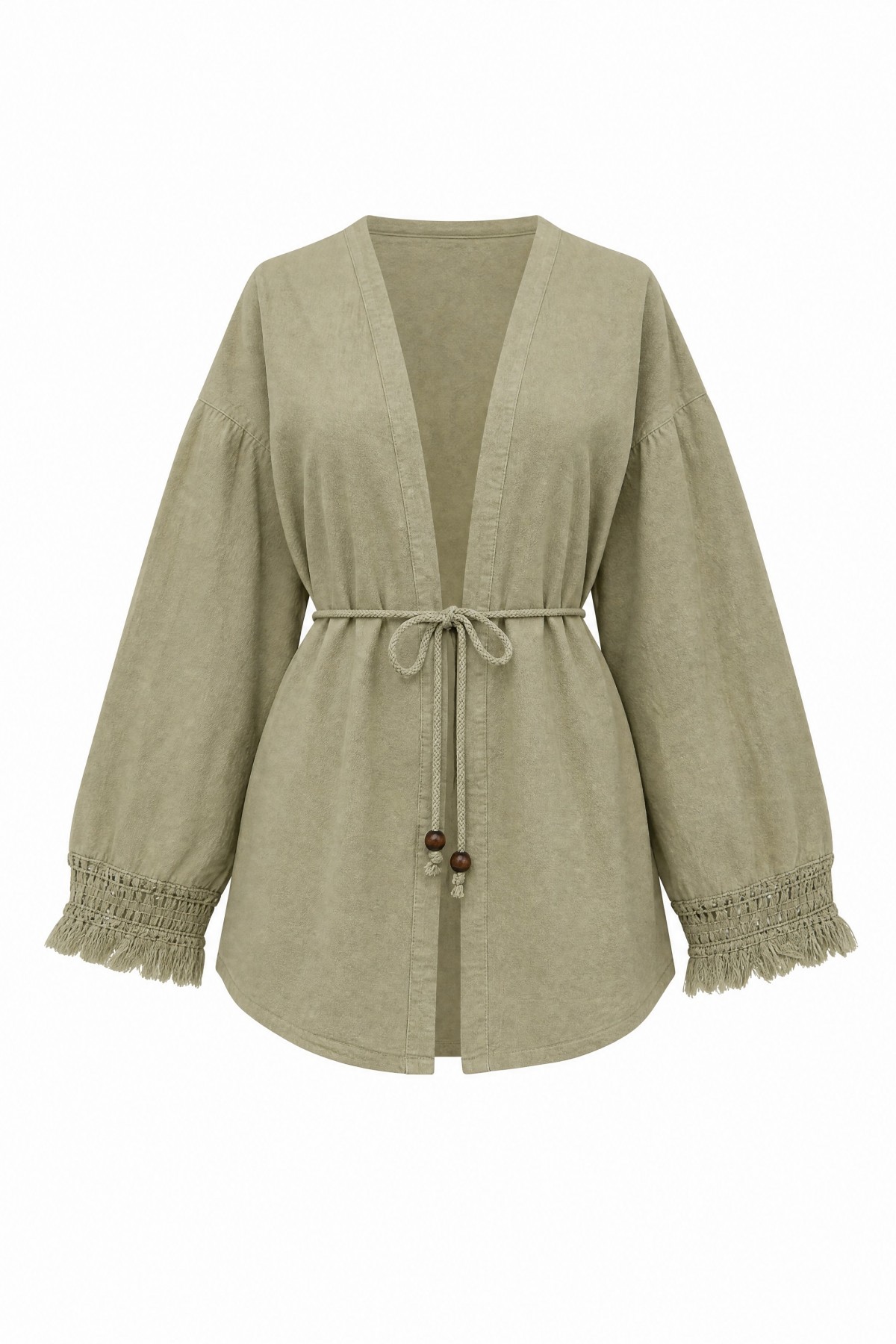 Linen-look kimono with lace tassel cuffs and drawstring waist. -Mink color
