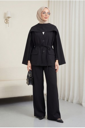 Cep Detaylı V Yaka Bağcıklı Fularlı Paraşüt Takım  -Siyah