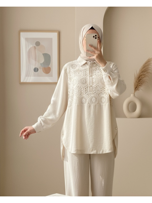 Dantel İşlemeli Eteği Düğme Detaylı Gömlek  -Taş