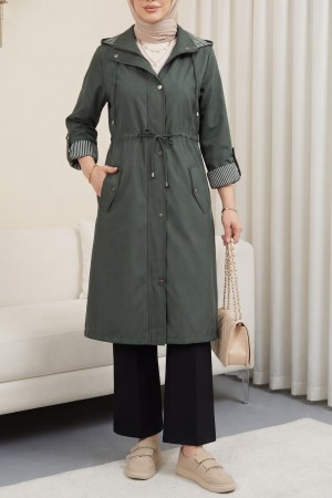 Astarı Çizgili Trençkot -Haki