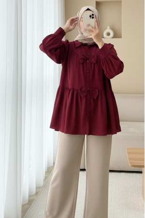 Önü Fiyonk Detaylı Parçalı Gömlek  -Bordo