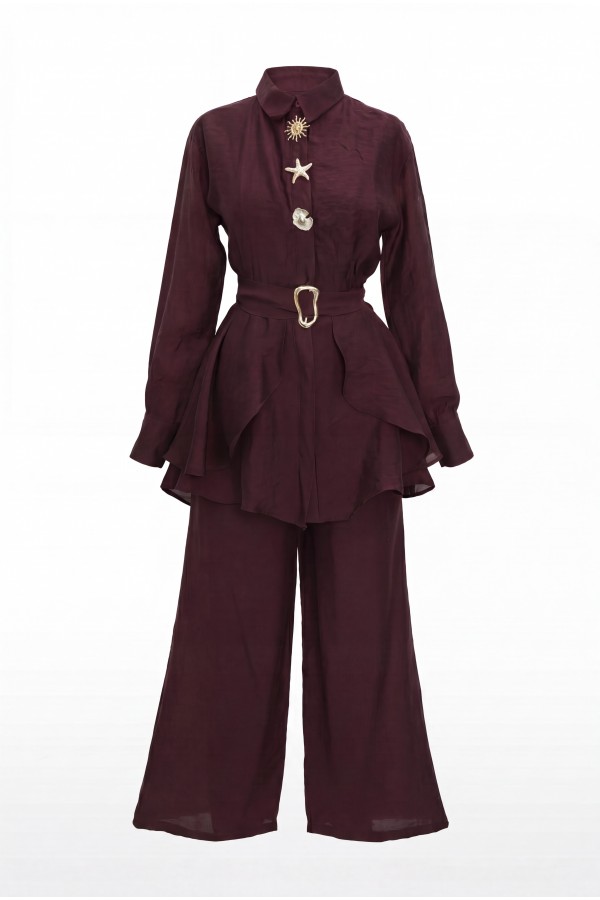 Cupra Suit with Elastic Waist, Belt, Pockets, and Lined Trousers -Maroon