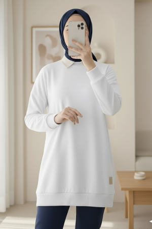 Crew Neck Slit Sweatshirt   -White