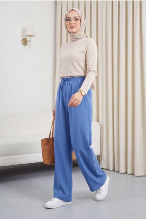 Beli Lastikli Bağcık Detaylı Cepli Bol Paça Tensel Pantolon -İndigo