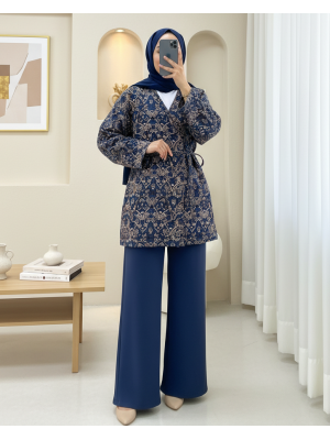 Beli Bağlamalı Cepli Desenli Astarlı Kapitone Kimono -Laci