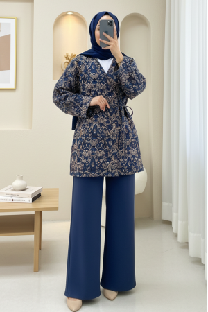 Beli Bağlamalı Cepli Desenli Astarlı Kapitone Kimono -Laci