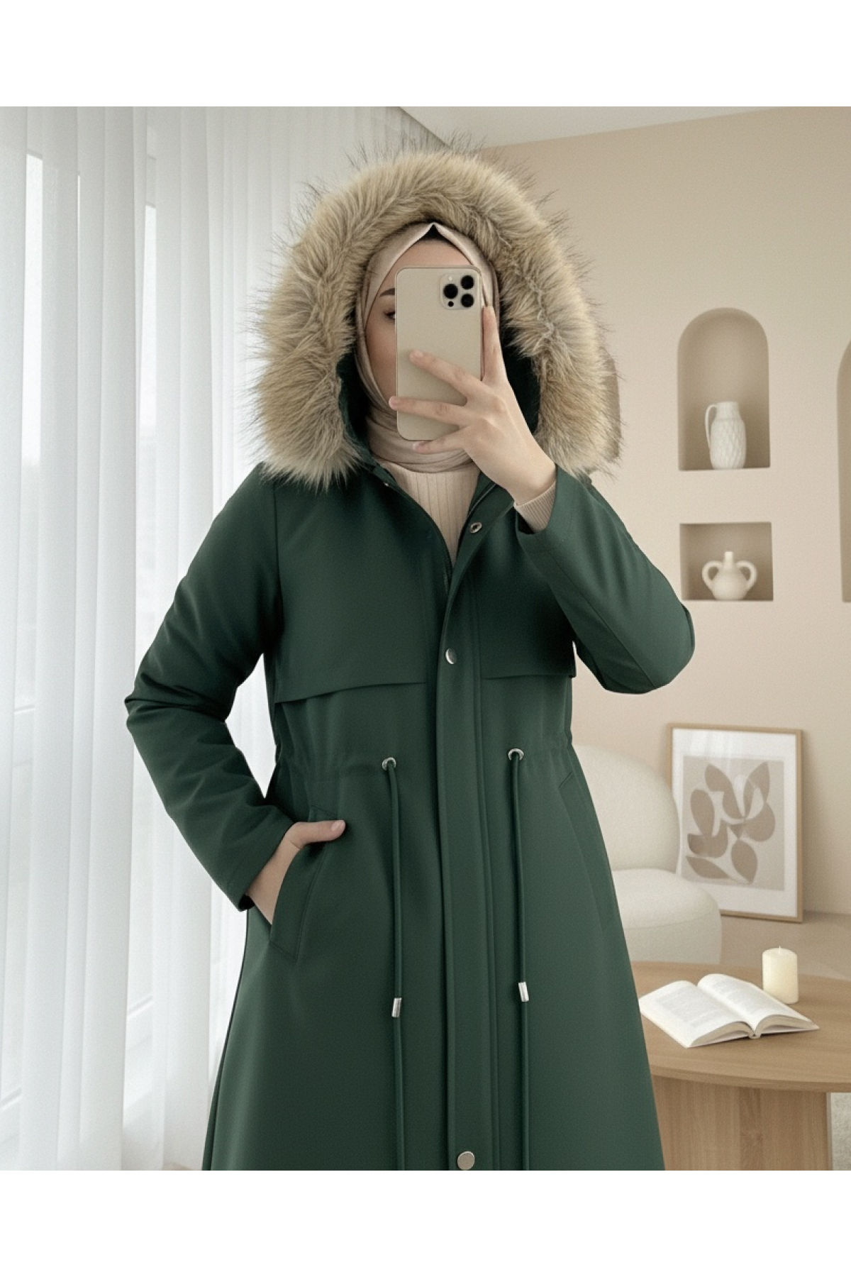 Inside Plush Fixed Hooded Tunnel Lace Long Coat -Khaki