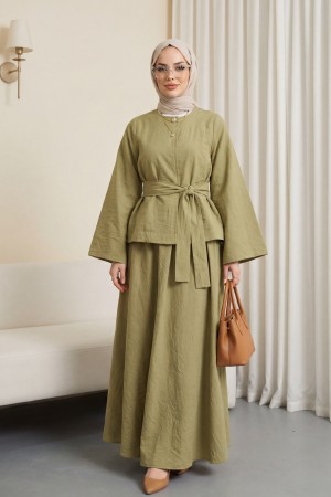 Tek Düğmeli Kuşaklı Etekliİkili Takım -Yağ Yeşili