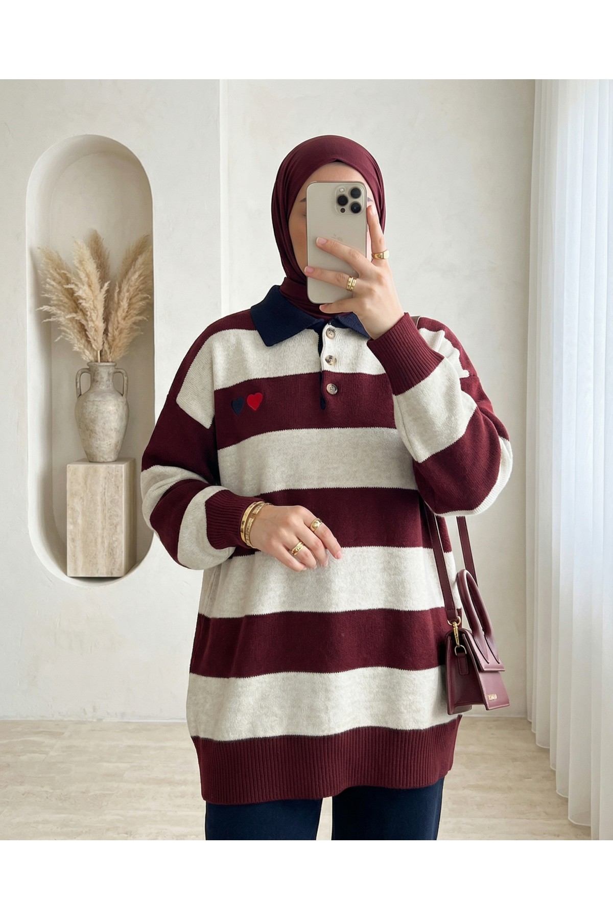 Gömlek Yaka Düğmeli Kalp Nakışlı Triko Tunik -Bordo