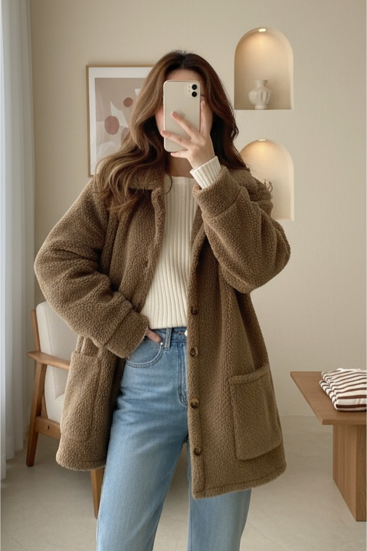 Plush Jacket with Buttoned Pockets -Brown