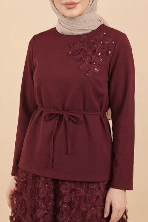 Organza Tulle Floral Imported Crepe Set with Belt -Maroon