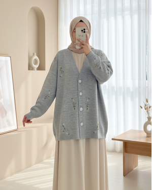 Floral Embroidered Shiny Buttoned Knit Cardigan -Grey