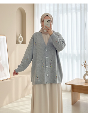 كارديجان محبوك لامع بأزرار مطرز بالزهور -اللون الرمادي