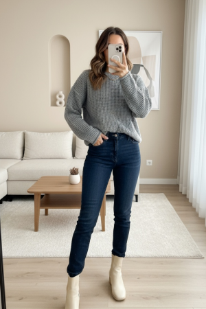 Yuvarlak Yaka Örgü Triko Kazak -Gri