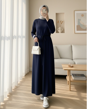 Round Neck Tied Waist Oysho Dress -Navy blue