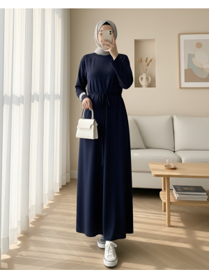 فستان أويشو برقبة دائرية وخصر مربوط -كحلي