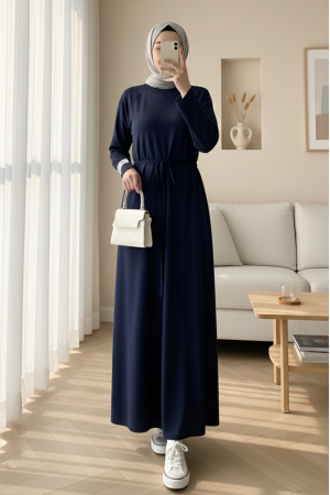 Round Neck Tied Waist Oysho Dress -Navy blue