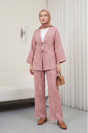 Önü Bağlamalı Pantolonlu Keten Kimono Takım  -Pudra