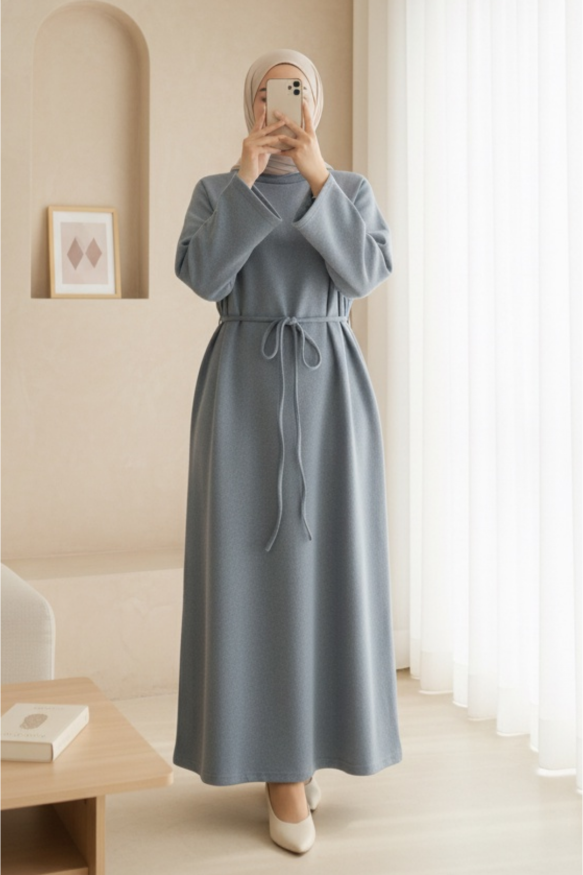 Round Neck Selanik Dress with Tie Waist -Grey