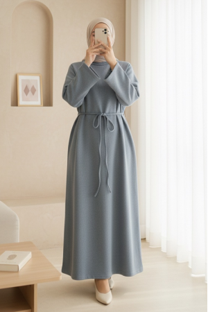 Beli Bağlamalı Yuvarlak Yaka Selanik Elbise -Gri