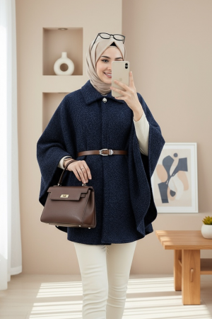 Single Buttoned Belted Bearded Poncho -Navy blue