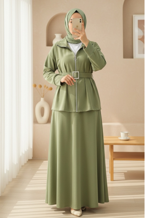 Beli Katlamalı Önü Fermuarlı Kemerli Etekli Penye Takım  -Çağla Y.