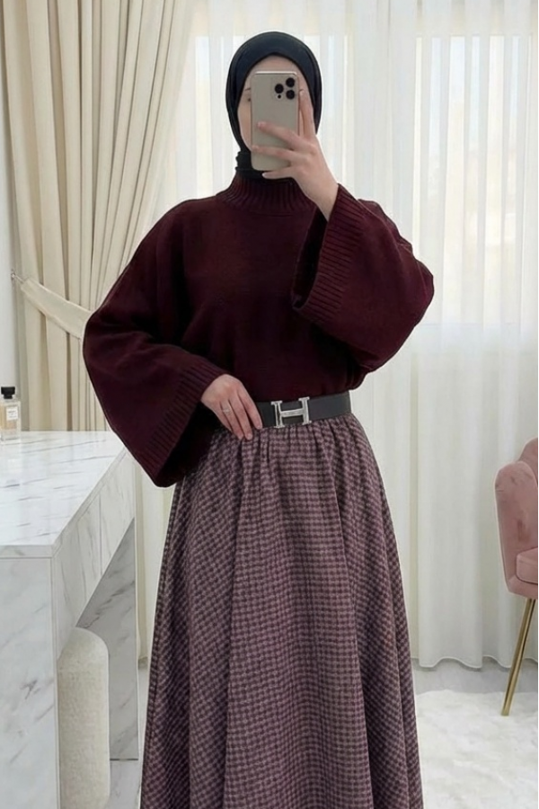 Yarım Boğaz Krop Triko Kazak -Bordo