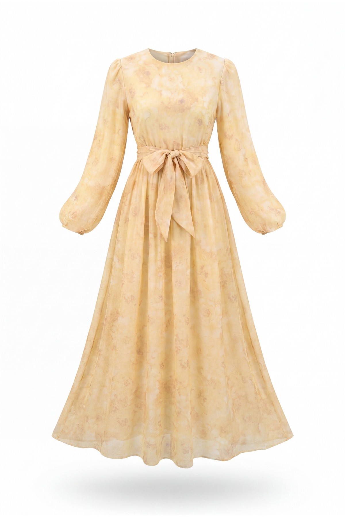 Belted Balloon Sleeve Lined Tulle Voile Dress -Yellow