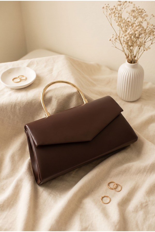 Patent Leather Evening Bag with Metal Handle, Chain, and Envelope Flap -Brown